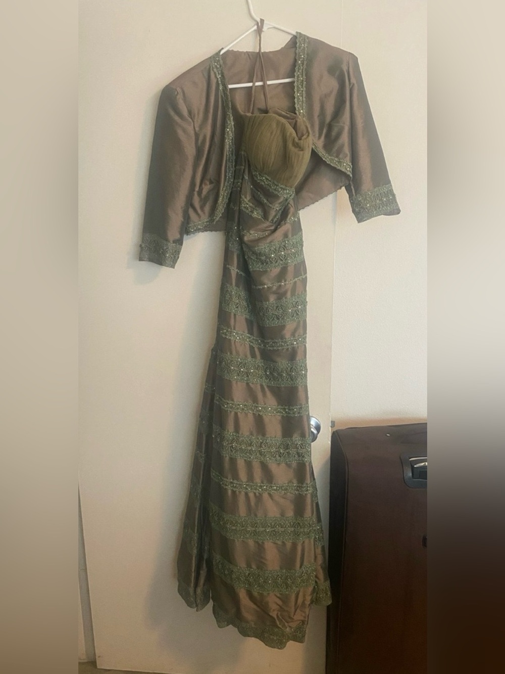 Olive Green Beaded Maxi Dress with Matching Bolero Jacket Size 11/12